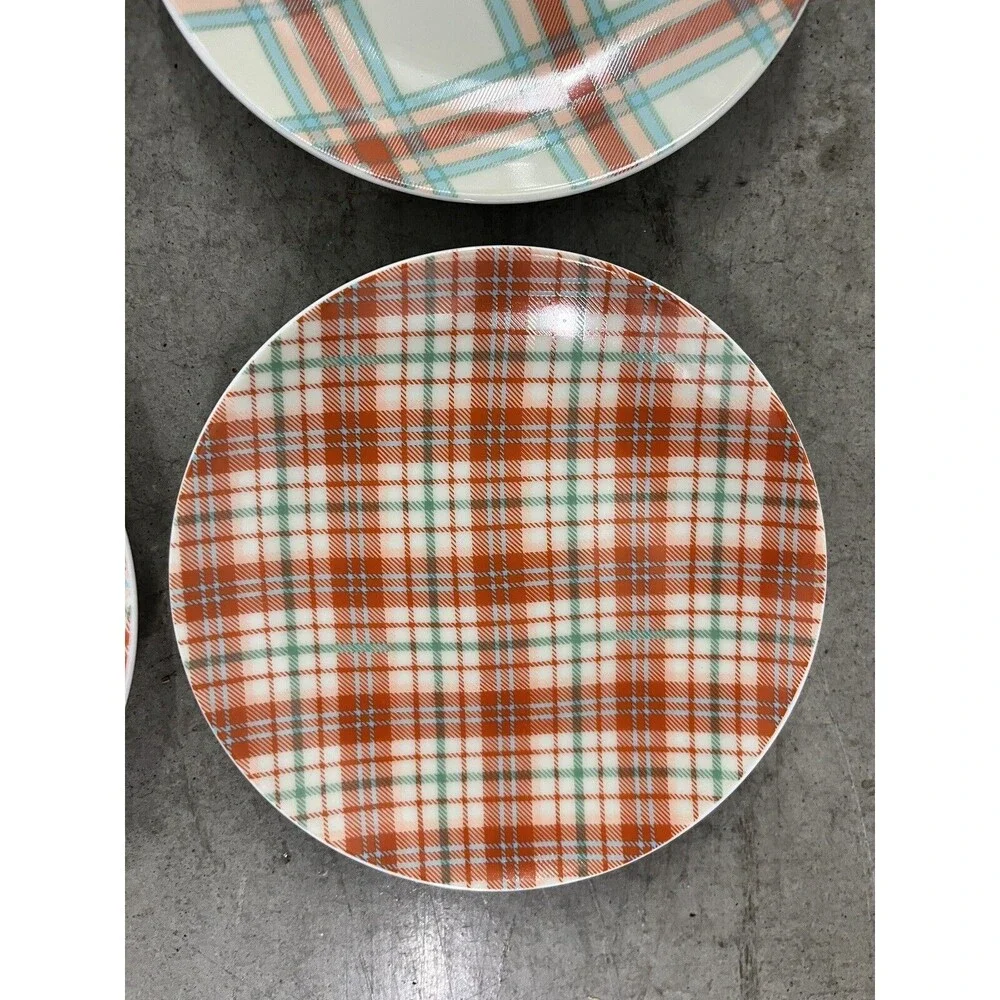 Lot of 4 Pier One Imports Orange & Teal Plaid Porcelain 6-inch Snack Plates
